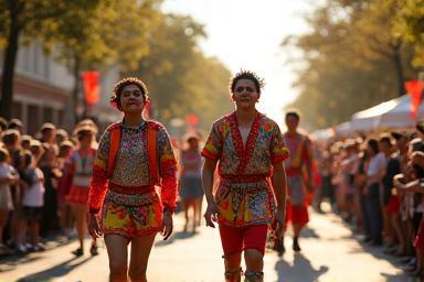 Street view of parade with costumed performers and festive audience