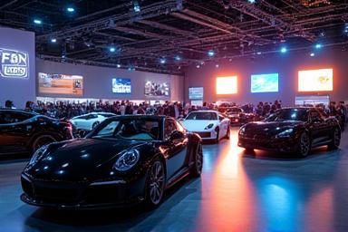Glamorous expo floor with luxury car displays and vibrant lighting