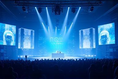 High-tech stage at innovation summit gala with digital effects